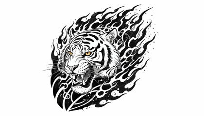 Fototapeta premium Dynamic monochrome illustration of a roaring tiger's head wreathed in fiery motifs, embodying a fierce spirit and primal power