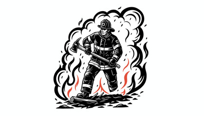 Obraz premium Dynamic illustration of a brave firefighter battling a blaze, holding an axe amidst flames and smoke, embodying courage and dedicated service in emergency rescue