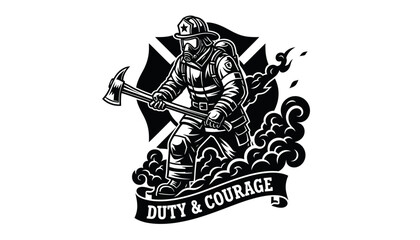 Fototapeta premium Powerful illustration of a firefighter in action, embodying duty and courage with an axe and smoky background