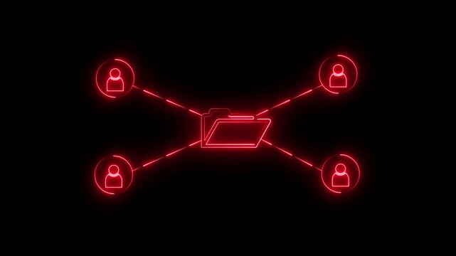 Red neon outline of a central open folder connected by glowing red lines to four circular each containing a stylized human silhouette against a solid black background representing data sharing and