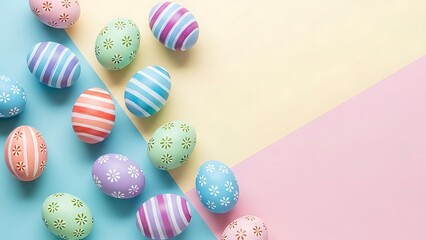 Colorful Easter eggs on a pastel background with stripes and flowers
