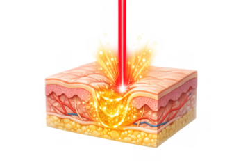 Human skin anatomy receiving cosmetic laser therapy, illustrating the process of deep facial pore treatment with transparent background