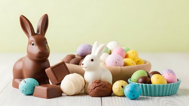 A chocolate bunny and marshmallow Peeps surrounded by colorful Easter eggs