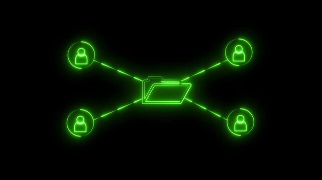 Green neon outline of a central open folder connected by glowing green lines to four circular each containing a stylized human silhouette against a solid black background representing data sharing
