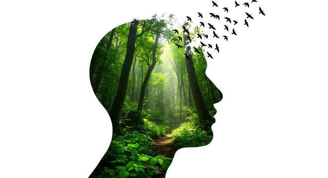 Human head silhouette double exposure with green forest and birds flying out. Mental health, mindfulness and freedom of thought nature concept on white background.