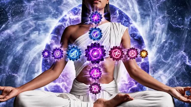A person in white cloth sitting in meditation with colorful chakra symbols