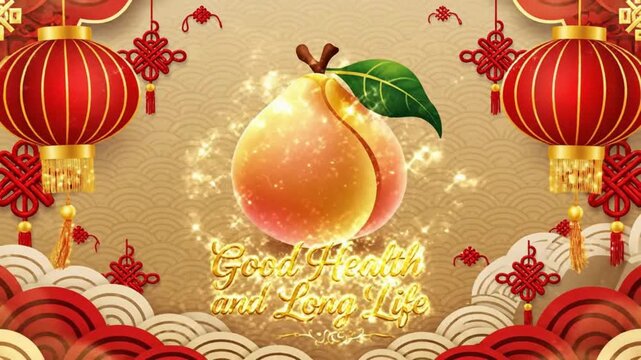 Chinese new year animated background loop glowing longevity peach symbol of good health and long life traditional festive red lanterns and dynamic golden sparks.