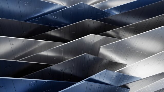 Metallic origami terraces with anodized accents.	