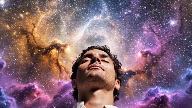 A man in a white shirt looking up at a vibrant galaxy