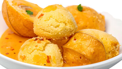 Close-up of golden, textured snacks nestled in a white bowl with a rich, orange-hued sauce, showcasing detail
