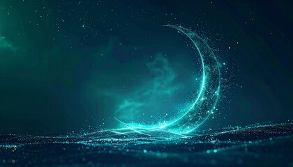 A serene crescent moon glows brightly in the dark night sky with stars twinkling above the ocean waves