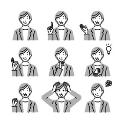 シニア女性経営者の様々な表情のイラストセット
