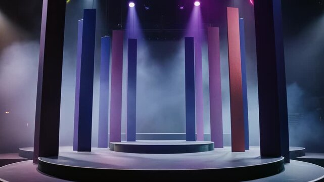 Stunning stage design with dramatic lighting and colorful pillars for events and performances