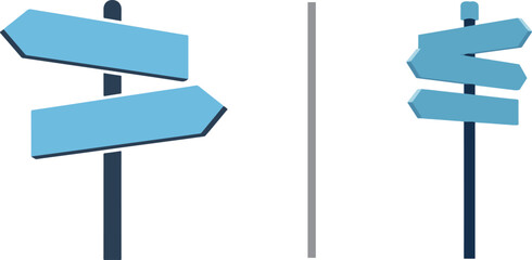 A side-by-side comparison of blue directional signposts: the left features two large, staggered arrows, while the right displays three smaller arrows pointing in various directions. © reza