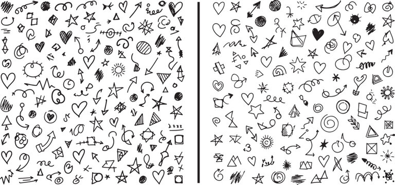 A vast collection of minimalist hand-drawn doodles in black ink. Featuring small hearts, stars, arrows, and abstract swirls, these whimsical sketches are perfect for creative journaling and background