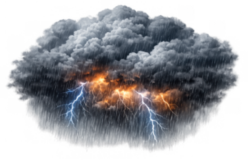 Thunderstorm cloud forming with heavy rain and powerful lightning striking, symbolizing extreme weather and danger on transparent background
