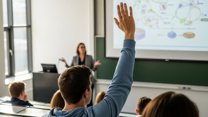 Student raising hand during a lesson in a bright classroom