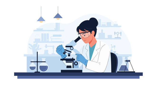 Female Laboratory Worker Using Microscope Lab Science Project Scientific Research and Medical Lab Vector Illustration