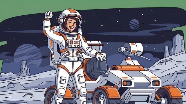 Pixel Art Astronaut and Rover Explore Lunar Landscape at Night