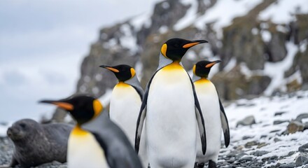 Fototapeta premium Three magnificent King Penguins stand proudly against a rugged, snowy cliff. Sharp focus on their vibrant plumage and expressive eyes. Cinematic, photorealistic wildlife shot with natural lighting and