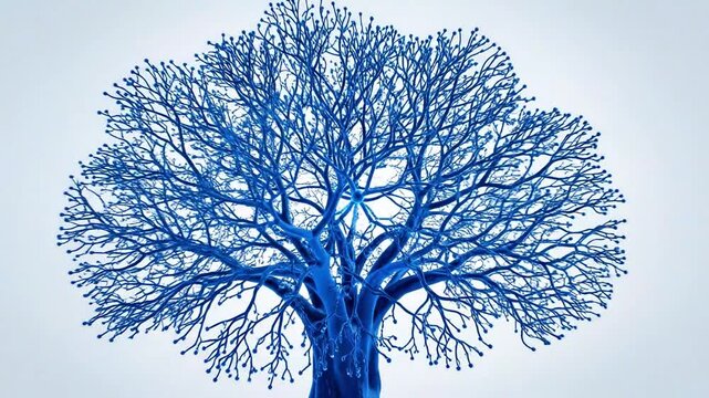A blue-tinted, low-angle view of a tree's intricate network of branches against a bright sky