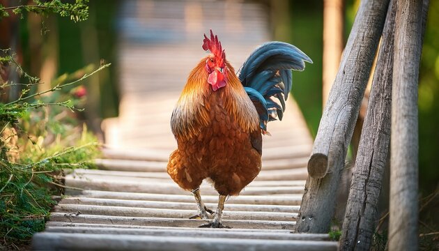 Rooster Walking Down Chicken Coop Ramp