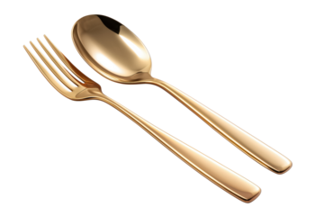 Elegant gold-colored cutlery including a fork and spoon, perfect for upscale dining settings and culinary presentations.