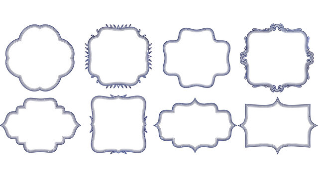 A collection of ornate blue frames and shapes on a plain white background