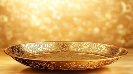 An ornate gold platter with intricate embossed patterns on a shimmering golden background