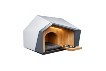 Modern dog house finding innovative pet comfort with a stylish architectural design, warm wooden interior, and integrated food bowls. Transparent background