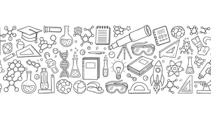 Assorted science and education icons, graphics, and symbols in a line drawing style, showcasing various elements