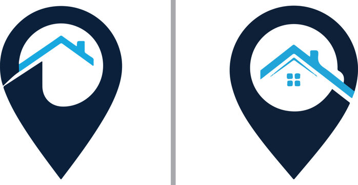 Modern real estate location pins featuring house roof silhouettes in blue and black. These vector icons are ideal for property search maps, housing apps, and residential navigation interfaces.