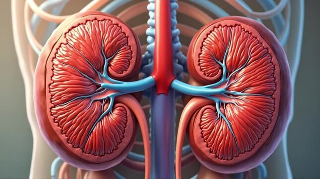 Detailed illustration of human kidneys with their intricate internal structure and vascular system