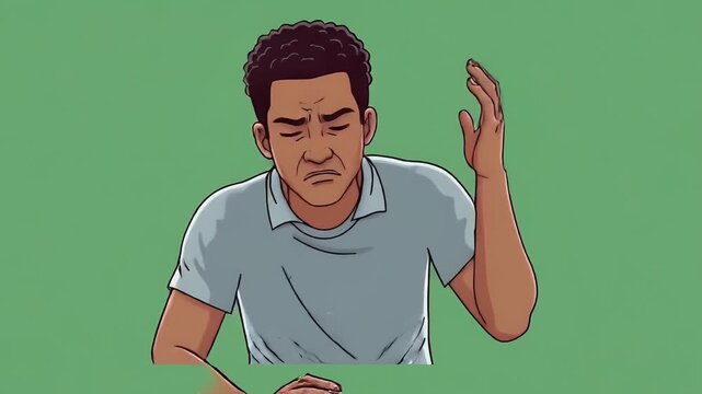Pixel Art Man Stressed Holding Head Sweat Drop Green Background
