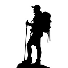Black silhouette of a standing climber wearing a backpack and hat holding climbing poles on a white background