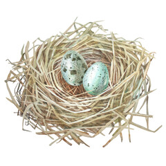 Obraz premium Watercolor Easter nest and blue egg isolated on white background. Bird house made of twigs and branches. Spring or summer decor for celebration card. Mother's day. Clipart for wallpaper or wrapping