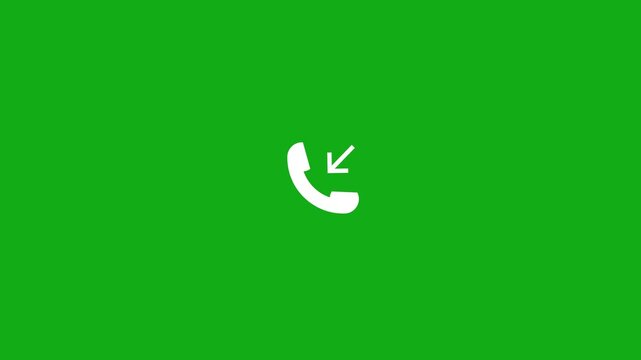Animation of black silhouette incoming call icon with moving arrow, isolated on green chroma key background, ideal for call notification, transition, motion graphics, video editing, and overlay use.