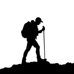 Black silhouette of a standing climber wearing a backpack and hat holding climbing poles on a white background