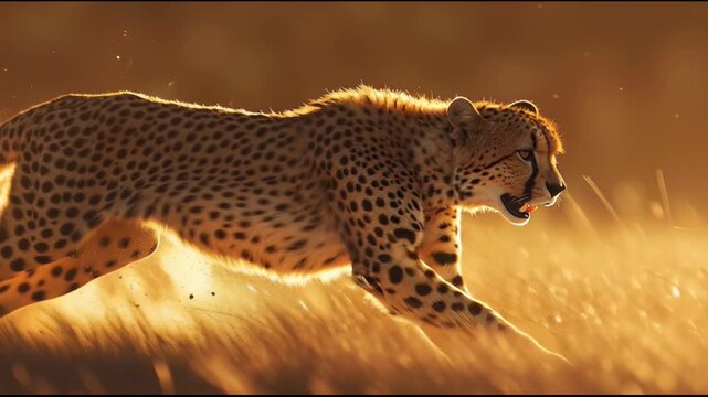 Wild cheetah running through golden savannah at sunset, dynamic wildlife in motion, speed in nature concept