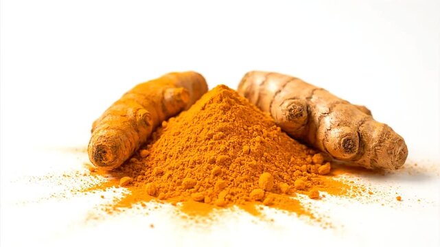 Turmeric powder and root isolated on white surface close up composition