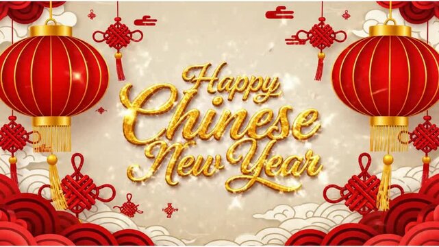 Animated happy chinese new year greeting card celebration background golden text shimmering between traditional red lanterns flowing auspicious clouds motion clip