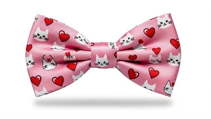 Pink bow tie with red heart and cat face icons