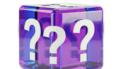 Translucent Purple Cube with White Question Marks