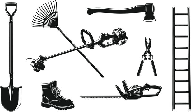 Landscaping and gardening tool set featuring silhouettes of a shovel rake axe ladder hedge trimmer and work boot flat vector illustration