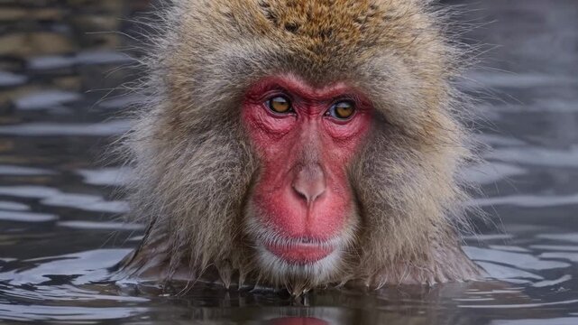 Close-up video of a Japanese macaque in hot springs, showcasing its serene expression. Captured at eye level for an intimate wildlife perspective.