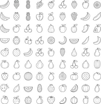 Massive hand-drawn vector icon bundle featuring organic fruit and vegetable sketches in a minimalist black and white style.