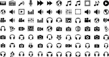 Large set of media and communication icons featuring silhouettes of headphones cameras microphones world globes speakers and video player controls flat vector illustration