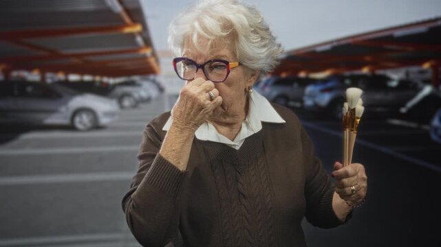 Elderly woman pinches her nose while holding makeup brushes in a parking garage; disgust odor concern.