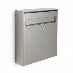 Modern stainless steel mailbox mounted on a wall, featuring a sleek design and secure locking mechanism, perfect for residential or commercial use., white background