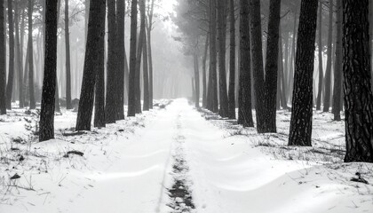 Fototapeta premium Snowy Forest Path - A Serene Winter Landscape with Tall Trees and Fresh Snow.